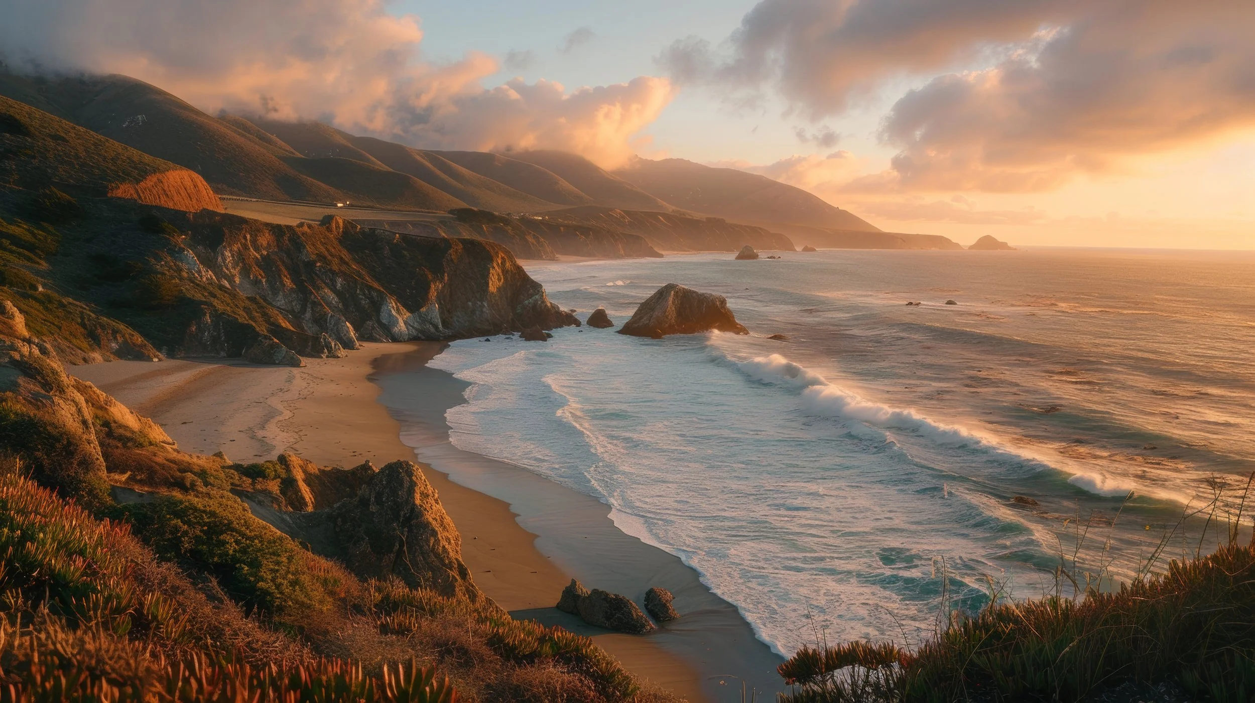 Golden-hour light over the Monterey Peninsula coastline